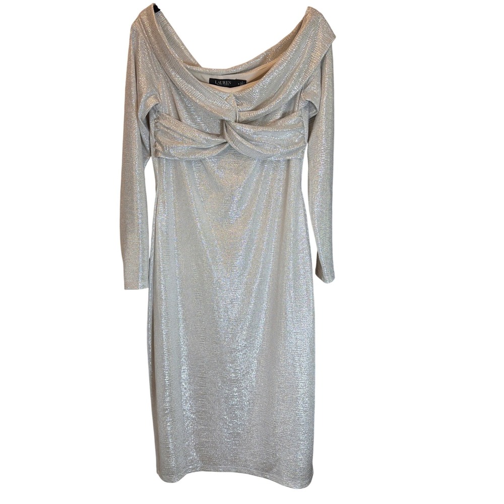 Lauren Ralph Lauren Metallic Silver Off Shoulder Twist Front Cocktail Dress 10